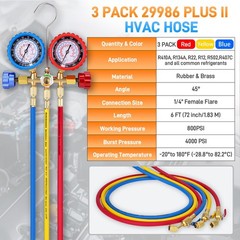 29986 1/4″ HVAC Refrigeration Manifold Charging Hoses W/ Ball Valve 72″ RYB Set