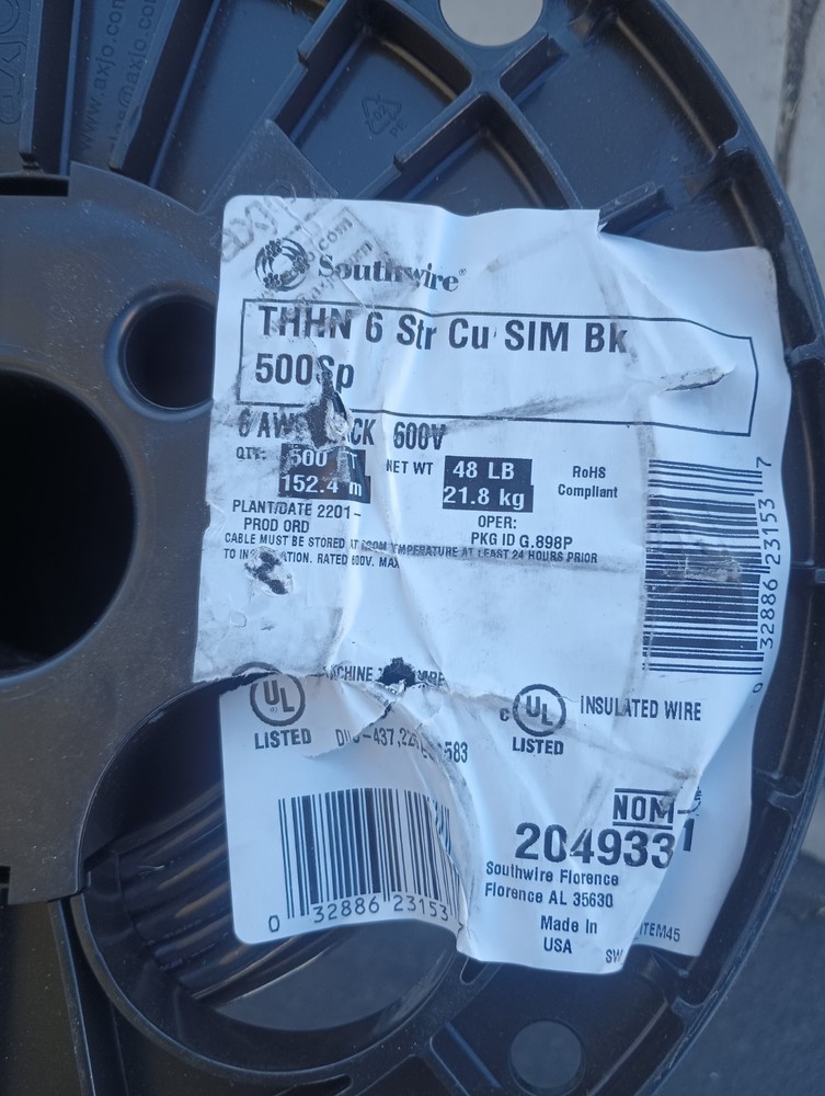 SOUTHWIRE 20493301 Building Wire, 6AWG, THHN, Str,Blk,500ft