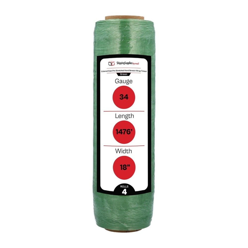 4 Rolls 34 Gauge Packing Pre Stretch Film Shrink Hand Wrap 17″ x 1476′ Green