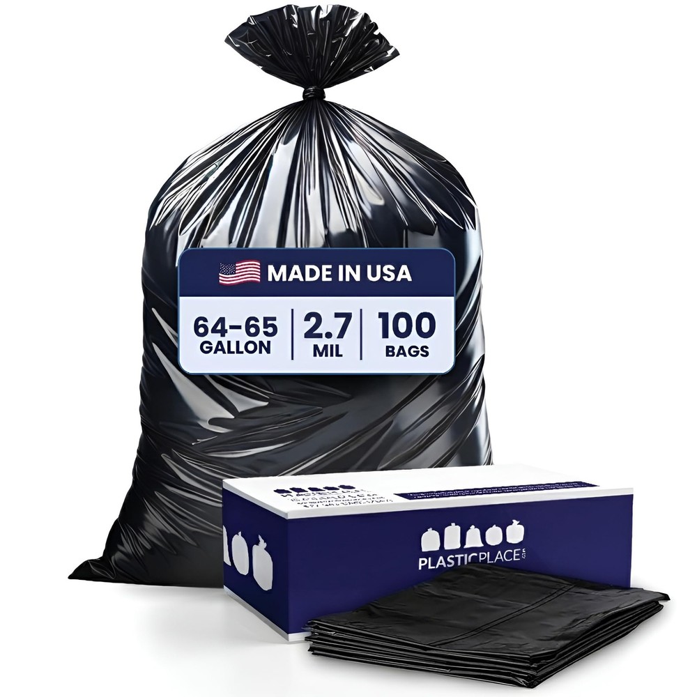 Plasticplace 65 Gallon – 2.7 Mil Black Heavy Duty Garbage Can Liners 50 X