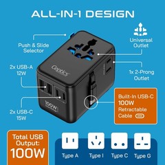 Ceptics GAN 100W Universal Travel Adapter with Retractable USB-C Cable, 2X US…