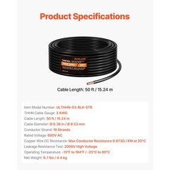 3 AWG THHN Wire 19-Stranded Black Copper Building Wire Nylon Jacket 50 ft 600V