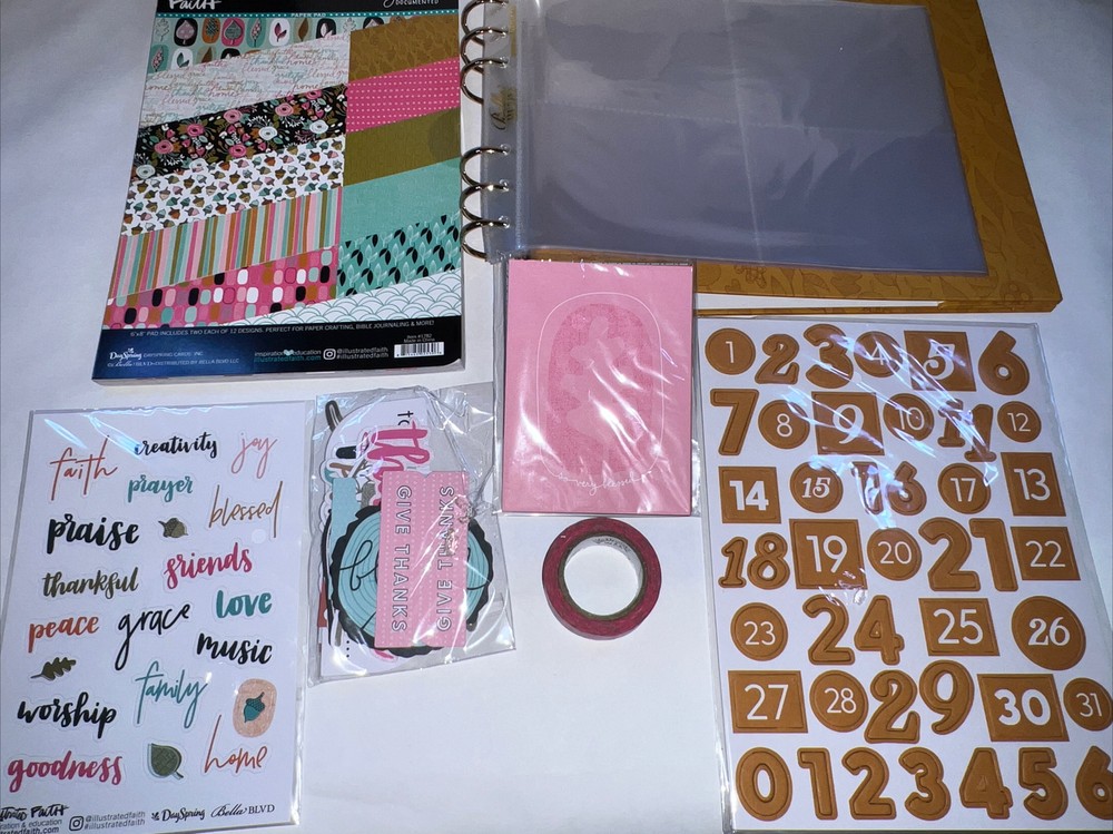 7+ Piece Illustrated Faith Journal Binder Kit Paper 6×8 Stickers Washi Ephemera
