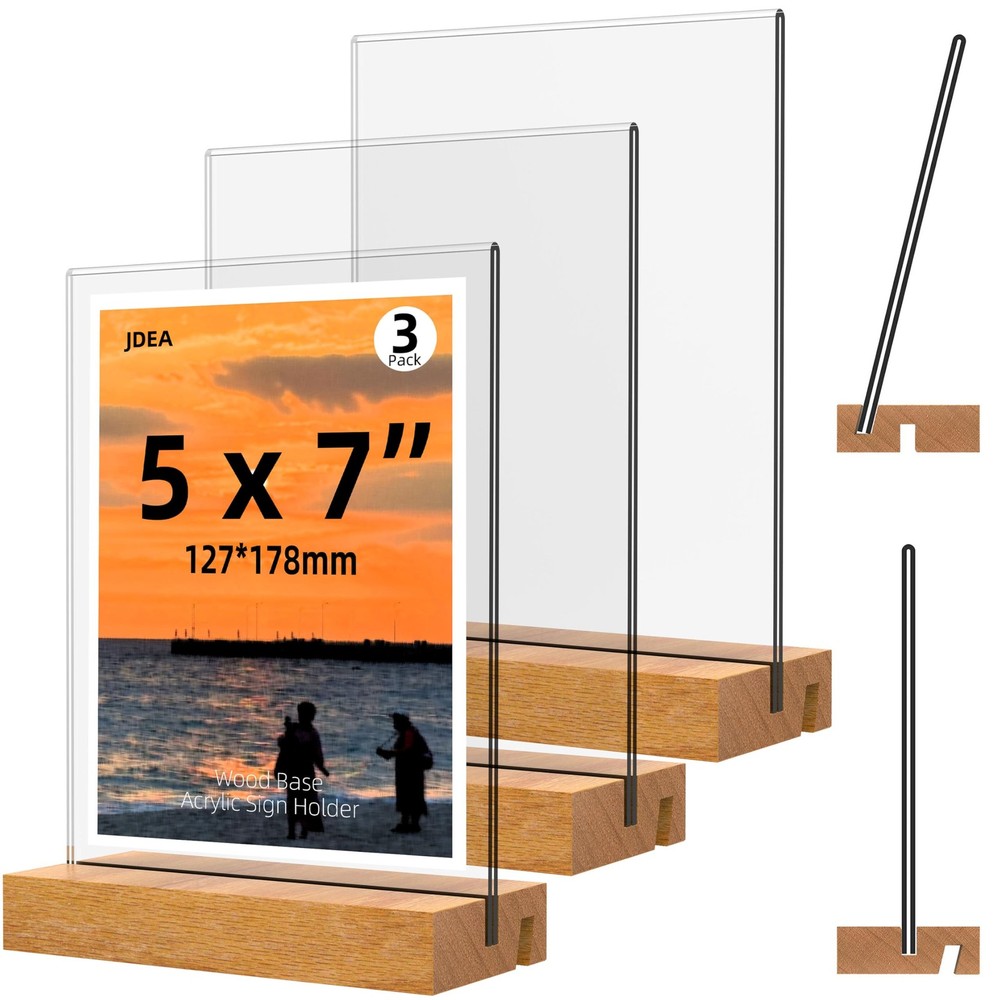 3 PCS Clear Acrylic Sign Holder Wood Base Vertical Slant Display 5×7 Inch