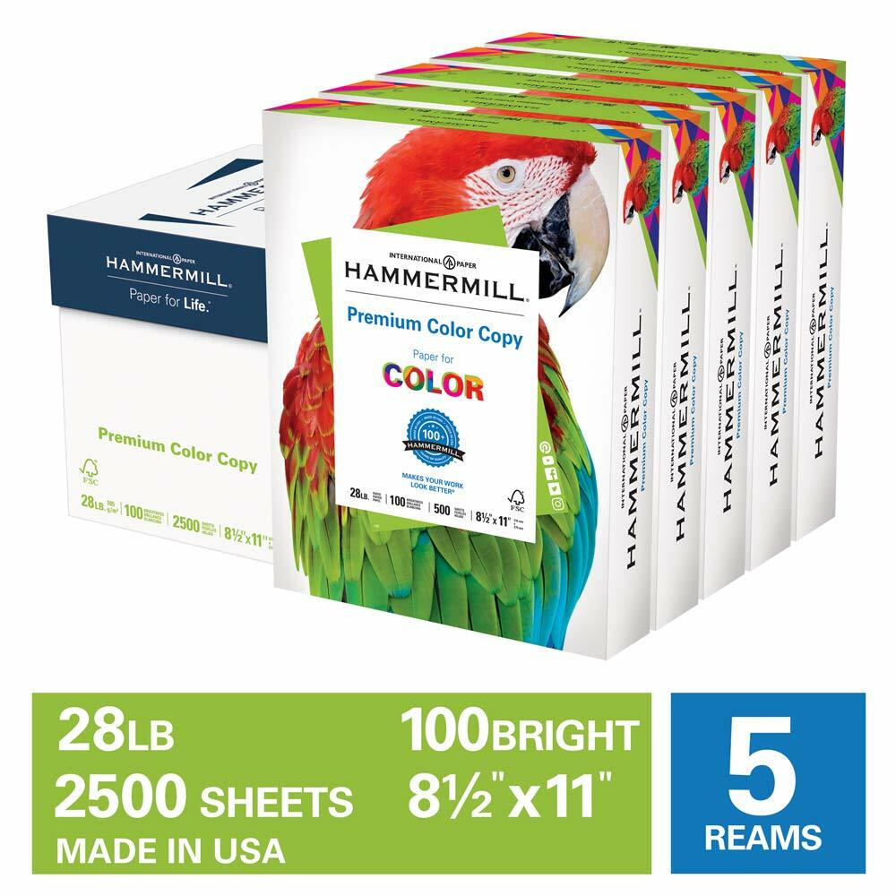 Hammermill Premium Color Copy 28lb Copy Paper 8.5×11,100Brt 5Reams 2,500 Sheets