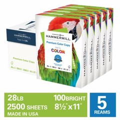 Hammermill Premium Color Copy 28lb Copy Paper 8.5×11,100Brt 5Reams 2,500 Sheets