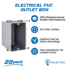 1-Gang New Work Outlet Box, 23 Cubic Inch (20-Pack) Single Gang PVC Electrical B