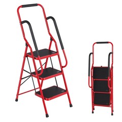 3 Step Ladder with Handrails, Portable Folding Step Stool with Safety Lock，Red