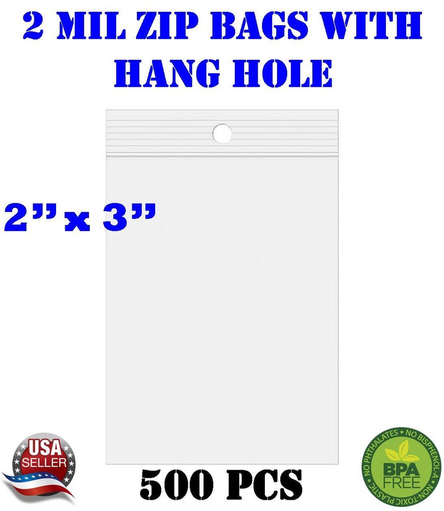 500 – 2″ x 3″ Zip Seal Reclosable 2Mil Plastic Top Lock Bags Hang Hole Jewelry