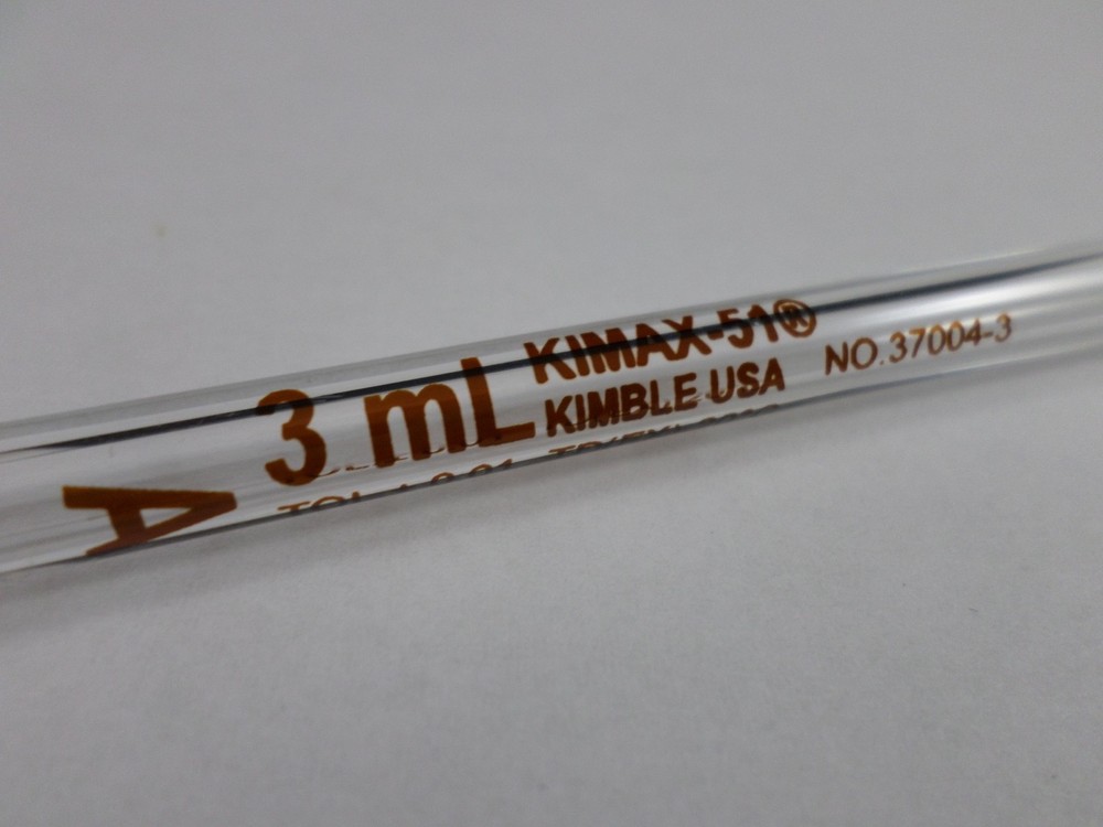 Kimble KIMAX-51 Glass TD 3mL Class A Reusable Volumetric Bulb Pipette Pipet