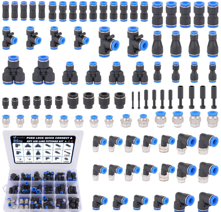 Kit 94 conectores neumáticos push-in 1/8–3/8”, acoples rápidos y roscas NPT