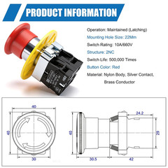 2NC 22Mm Emergency Stop Push Button Switch Red Mushroom Equipment E Stop Shut