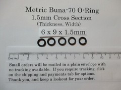 6mm ID x 9mm OD x 1.5mm thick O-ring. Buna-70. Quan 5.