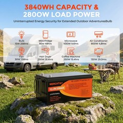 WERCHTAY 12V 300Ah LiFePO4 Battery Deep Cycles 3840Wh 200A BMS for RV Solar Boat