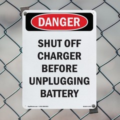Portrait Shut Off Charger Before Unplugging OSHA Danger Sign, Decal 5 or 10 Pack