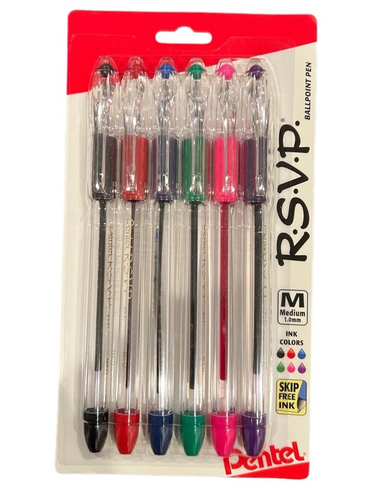 Pentel RSVP Ball Point Pen 1.0mm Med Point Capped Asst Colors 6/Pk Office School