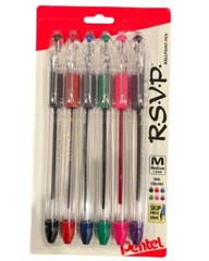 Pentel RSVP Ball Point Pen 1.0mm Med Point Capped Asst Colors 6/Pk Office School
