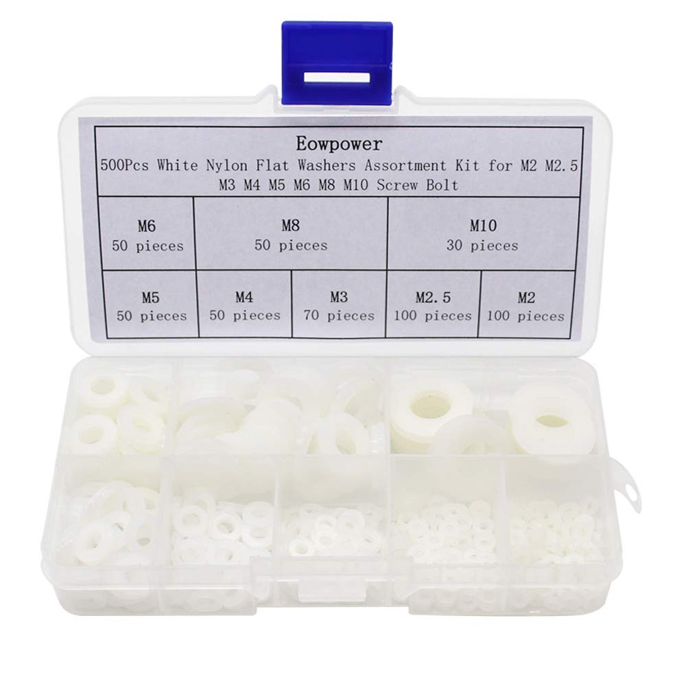 500 Pieces White Nylon Flat Washers Assortment Kit for M2 M2.5 M3 M4 M5 M6 M8 M1