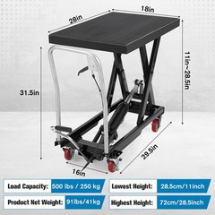 Manual Scissor Lift Foldable Hydraulic Lift Table Cart 500LBS 28.5in Non-Slip