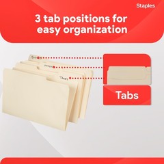 Staples Recycled File Folders, Legal Size, 1/3‑Cut Tabs, 100 Pack, Manila