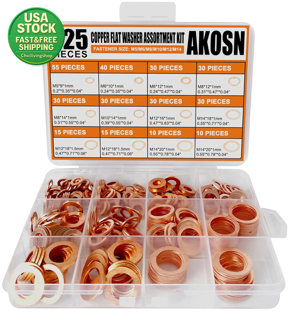 325 PCS Copper Metric Sealing Crush Washers Assortment 10 Sizes M5 M6 M8 M10