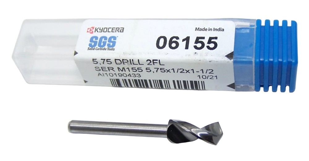 06155 Kyocera SGS 5.75mm Carbide Drill 2 Flute .2264″ Diameter .500″ Flute