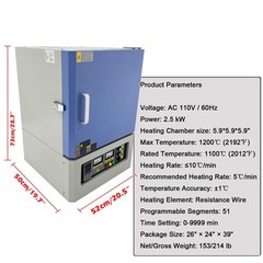Muffle Furnace 110V, 2.5KW, 1200°C, 150mm Chamber, 51 Segments Programmable