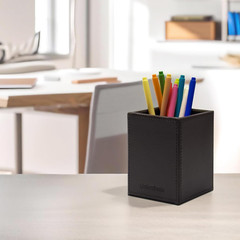 Square Pen Holder Leather Pencil Cup Desktop Caddy Stationery Organizer Black