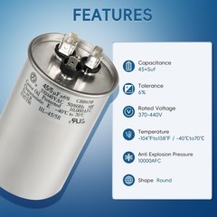 AC Capacitor 45+5 uF 45/5 MFD ±6% 370V/440VAC CBB65 Dual Run Circular Start C…
