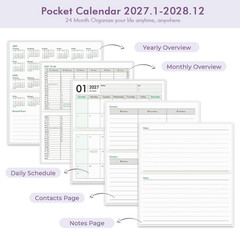 Pocket Calendar 2027 2028 Small Organizer 3.5×6.5 Inch Waterproof PVC Cover