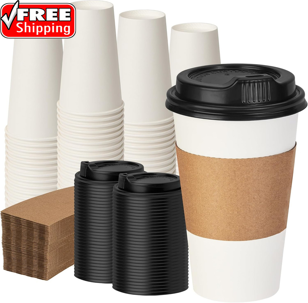 16 Oz 100 Pack Coffee Cups with Lids and Sleeves, Hot Paper Coffee Cups with Lid