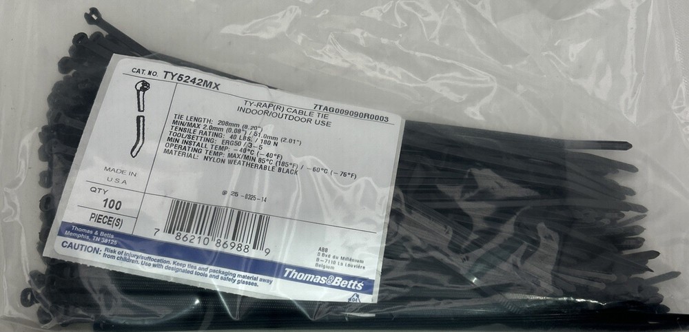 Bag of 100 Thomas & Betts TY5242MX Ty-Rap Cable Tie Black