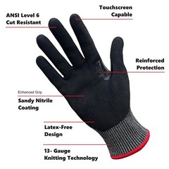 High Performance Cut Resistant Gloves, ANSI Level 6 Protection, Sandy Nitrile