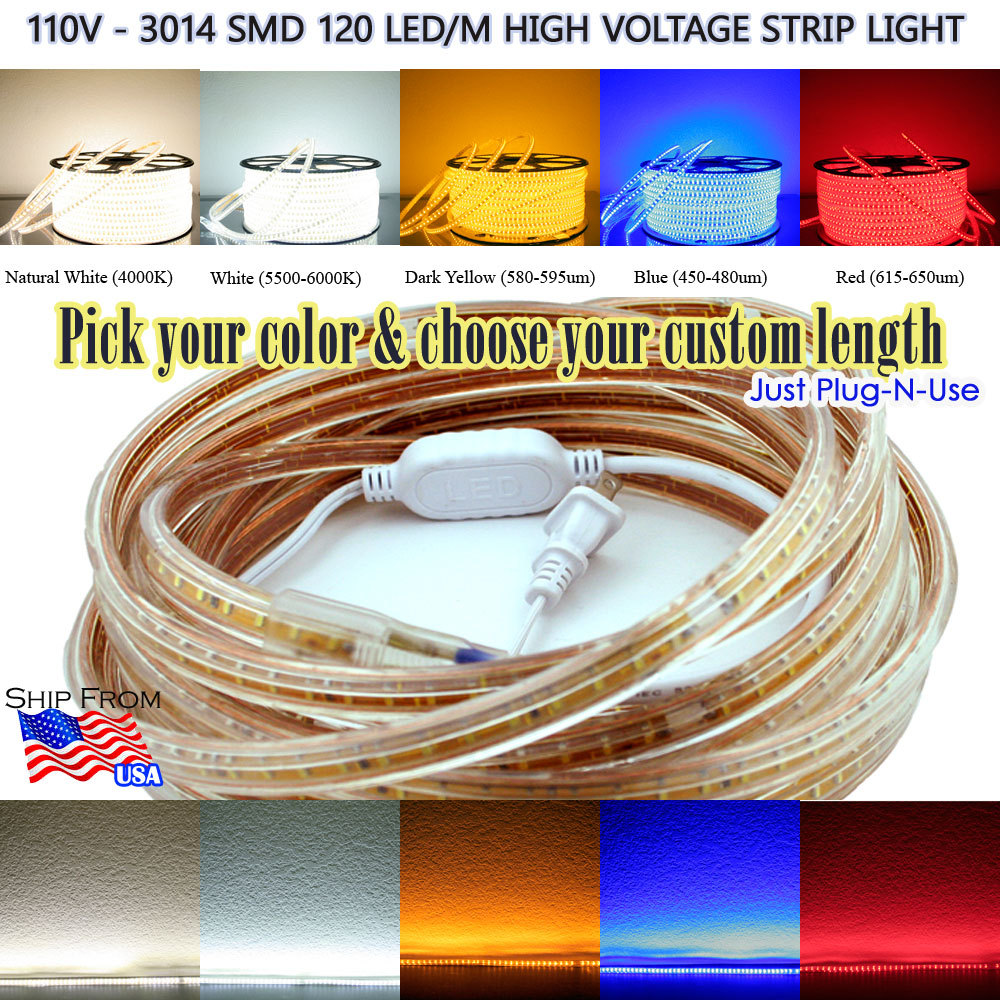 1M-50M 3014 110V HighVoltage 120LED/M Strip Light NWhite DYellow Red Blue White