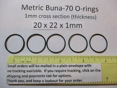 20mm ID x 22mm OD x 1mm thick O-ring. Buna-70. Quan 5.