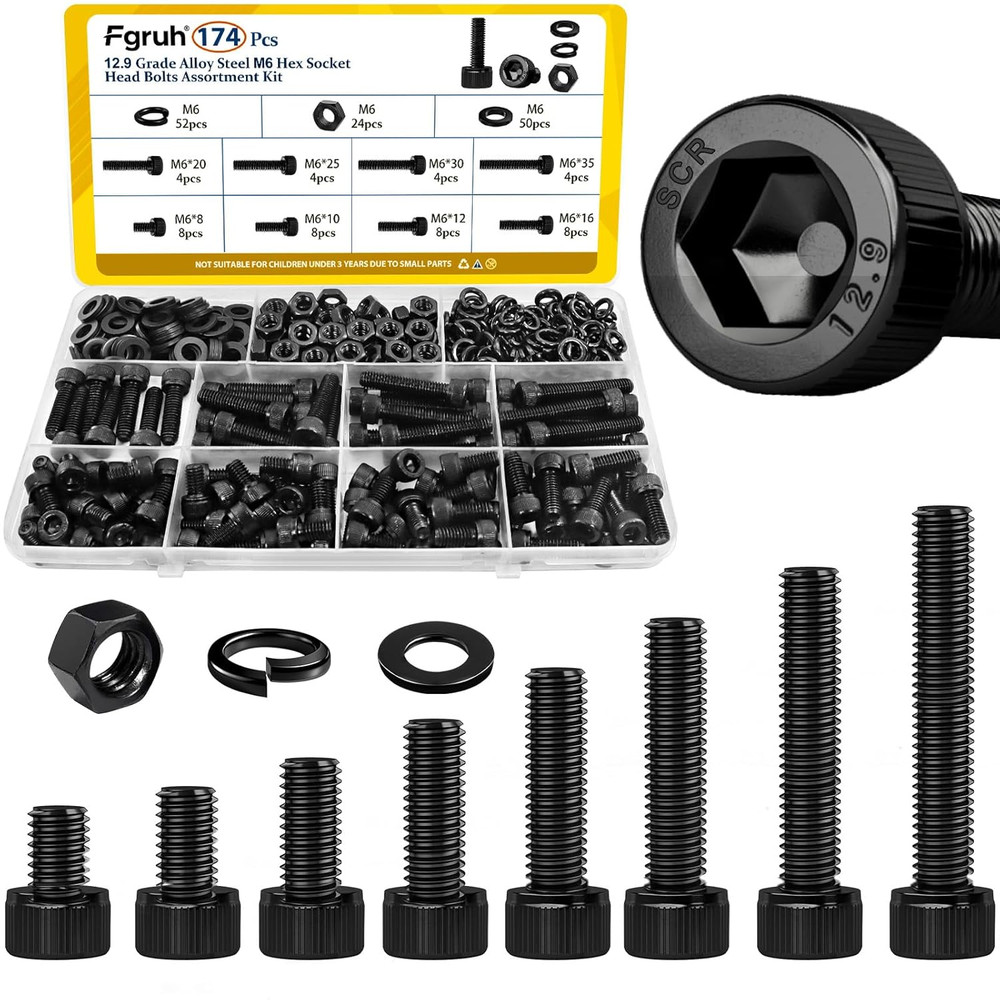 174PCS M6 Screws with Nuts Assortment Kit – M6X8/10/12/16/20/25/30/35 Mm Hex Soc