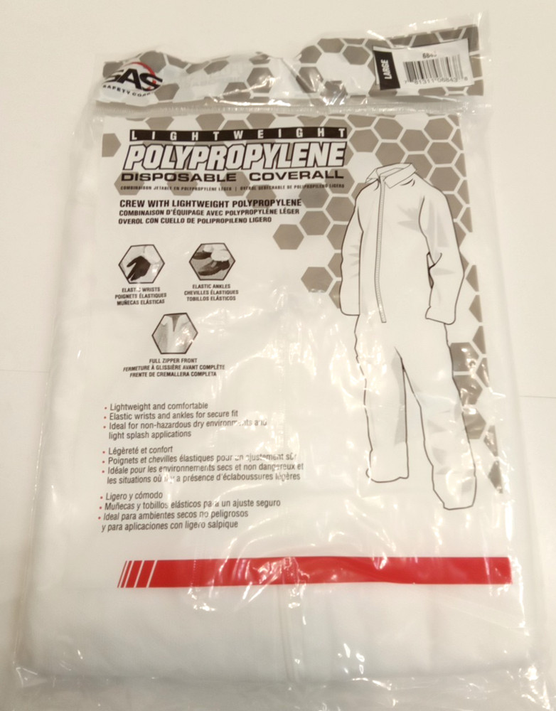SAS Safety 6843 Lightweight Polyproylene Disposable Coverall Full Zip Large