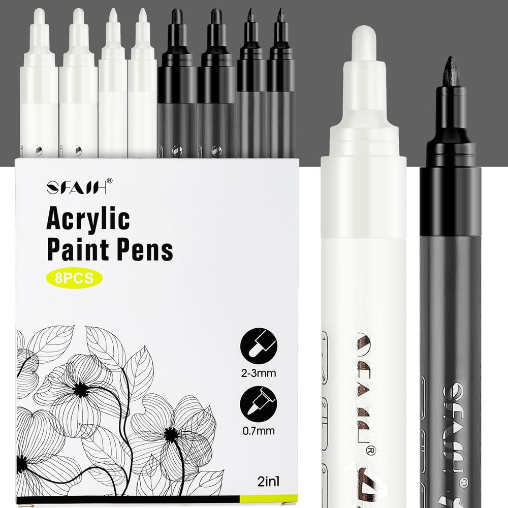 SFAIH Black & White Acrylic Paint Markers – 8 Pack 2-3MM Medium Tip & 0.7MM Extr