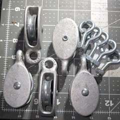 Lot of (5) Costa Rica ~ Aluminum Rope Pulleys 1-1/4″ with (5) 1/4″×1″ Eye Bolts