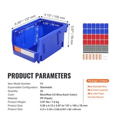 VEVOR Hanging Stackable Storage Bin Plastic Organizer Garage Box 24 PCS Blue/Red