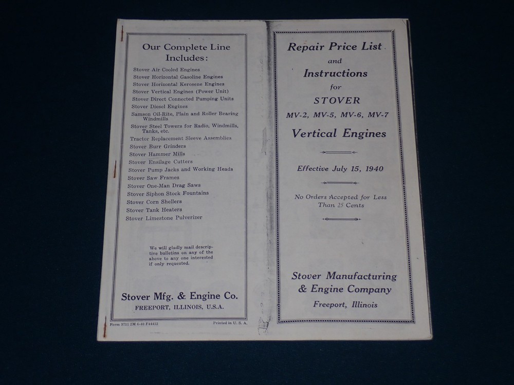 Stover MV2 MV5 MV6 MV7 Vertical Engines Repair Price List & Instructions 1940