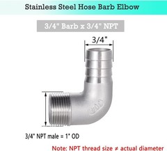304 Stainless Steel Hose Barb 90 Degree Elbow 3/4″ Hose Barb to 3/4″ NPT Male