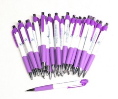30ct Bulk Lot Misprint Rubber Grip Click Pens MARDI GRAS Hub Pen: PURPLE & WHITE