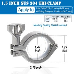 2 Pack 1.5 inch Tri Clamp with 3 Silicone Gasket, 304 Stainless Steel Heavy D…