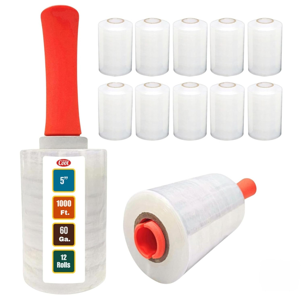 12 Pack Industrial Strength Mini Hand Stretch Wrap with 2 Plastic Handles, 60 Ga