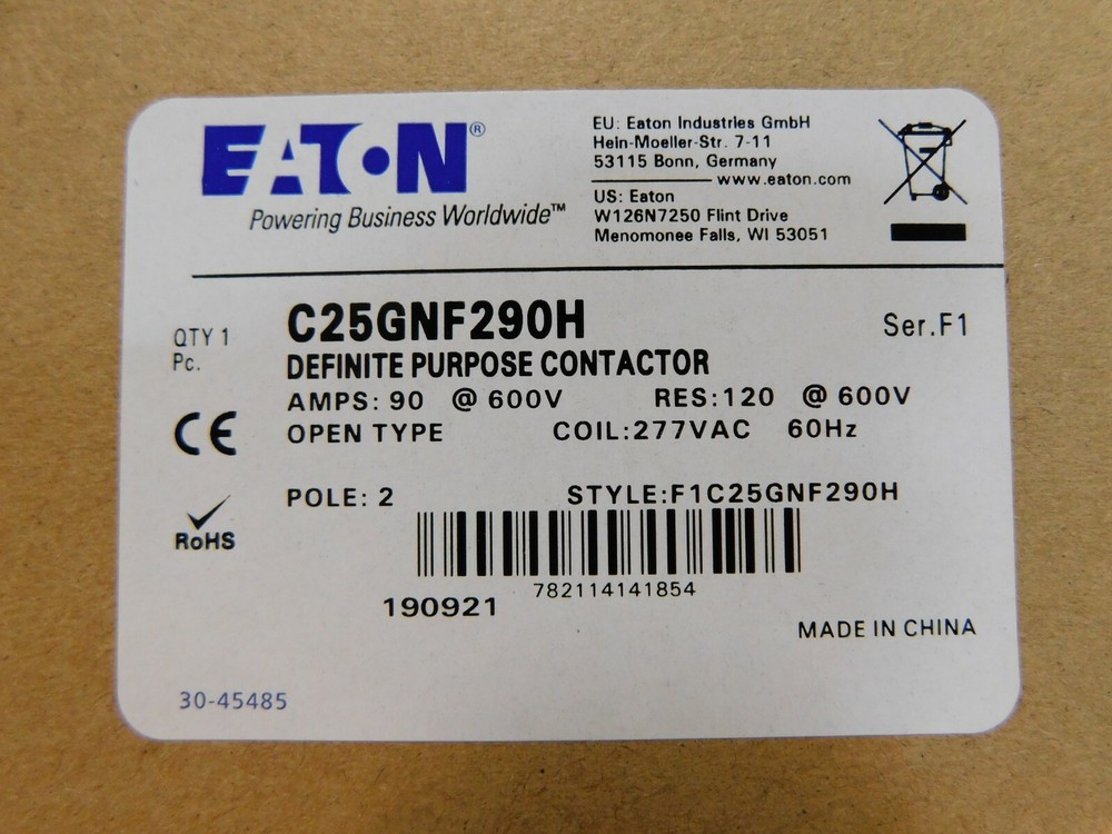 NEW EATON C25GNF290H DEFINITE PURPOSE CONTACTOR 90 AMP 600 VOLT 277V Coil 2 Pole