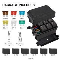 12V Fuse Relay Box, 6 Way with 6 Relays and 6 ATC/ATO Blade Fuses, 4-Pin Rela…