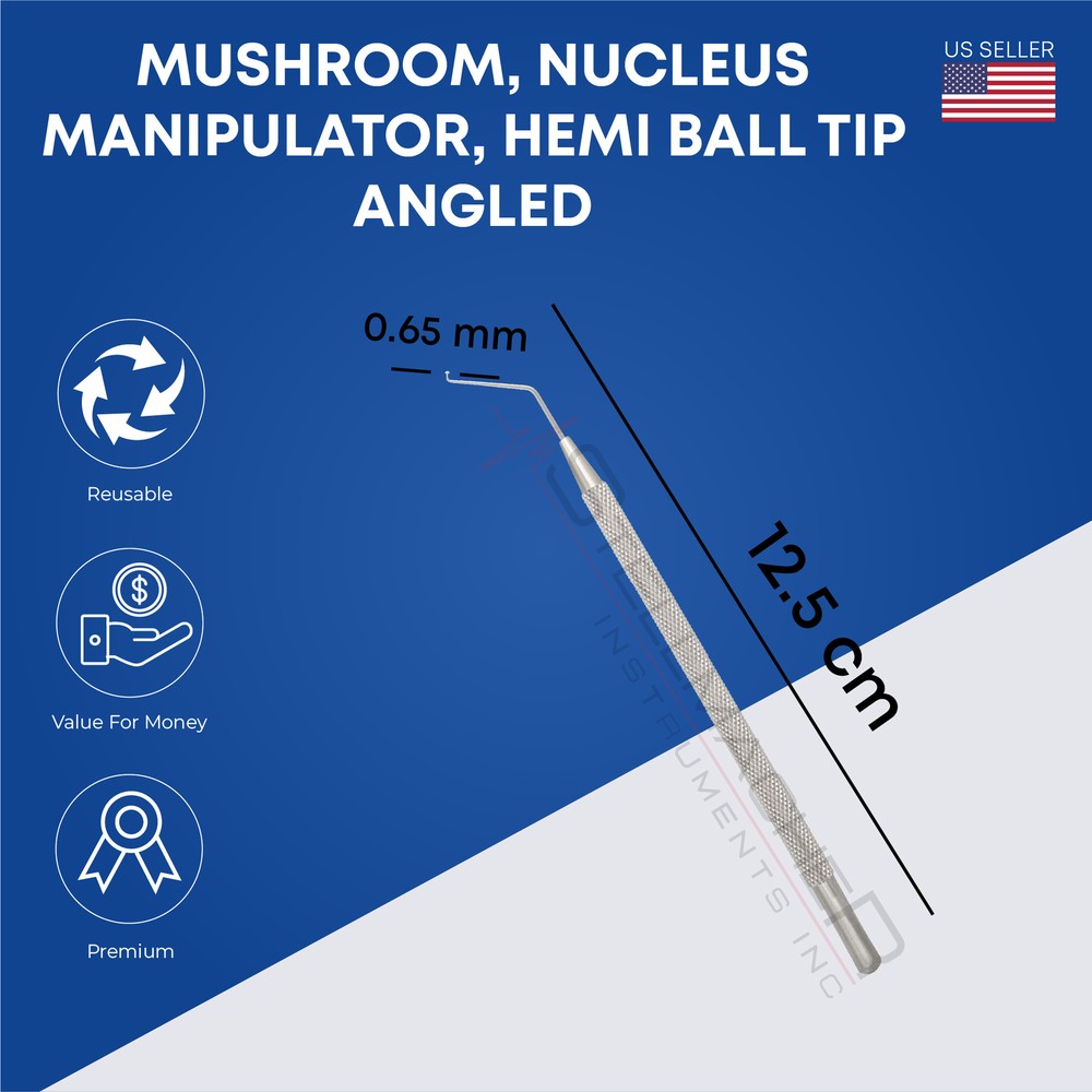 Mushroom, Nucleus Manipulator, 0.65 mm, hemi-Ball Tip, Angled, Overall Length 12