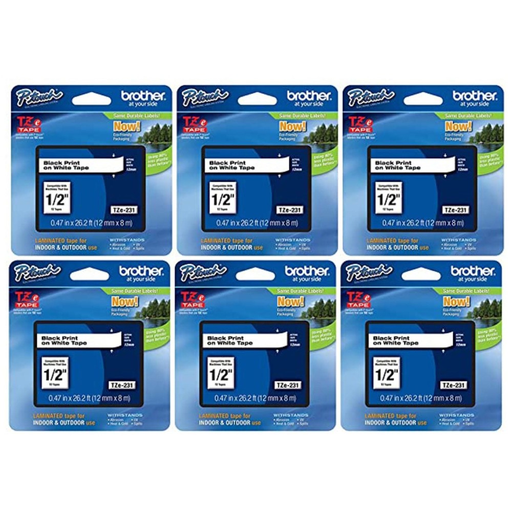 Brother Genuine PTouch, TZe231 6 Pack Tape ½” 0.47” x 26.2 ft. 8m 6Pack Lamin…