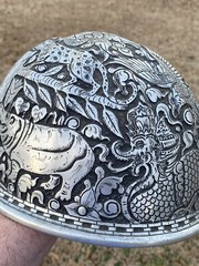 VINTAGE HAND ENGRAVED ALUMINUM McDONALD HARD HAT INDONESIA JUNGLE ANIMALS ART